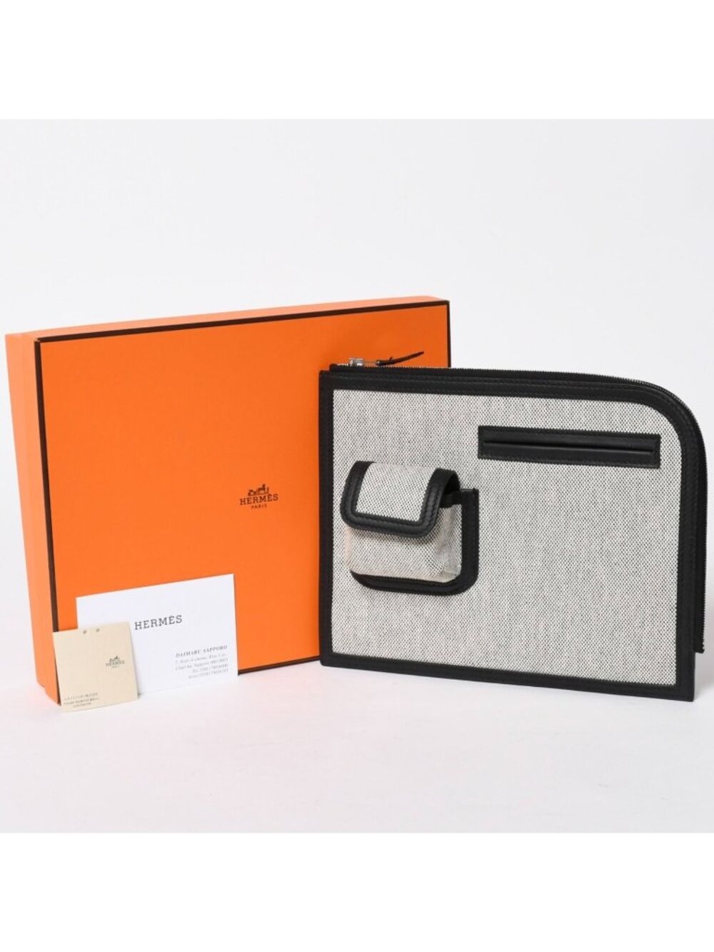 Hermes Cargo Pocket Zip Pouch Toile H Veau Black Ecru Silver